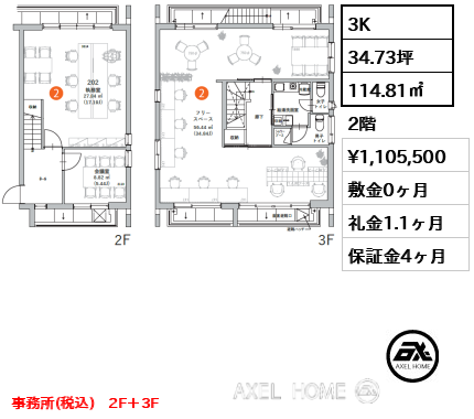 3K 114.81㎡  賃料¥1,105,500 敷金0ヶ月 礼金1.1ヶ月 事務所(税込)　2F＋3F
