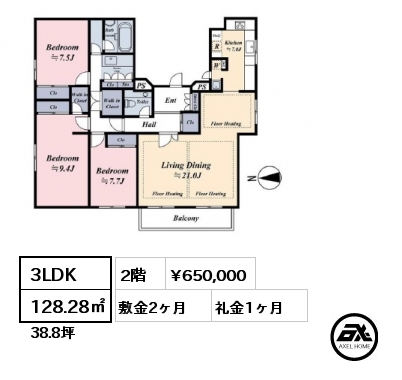 間取り4 3LDK 128.28㎡ 2階 賃料¥650,000 敷金2ヶ月 礼金1ヶ月