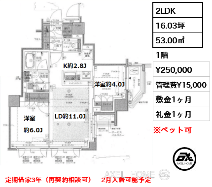 2LDK 53.00㎡  賃料¥250,000 管理費¥15,000 敷金1ヶ月 礼金1ヶ月 定期借家3年（再契約相談可）　2月入居可能予定
