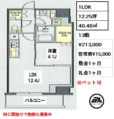 間取り4 1LDK 40.48㎡ 13階 賃料¥213,000 管理費¥15,000 敷金1ヶ月 礼金1ヶ月 同じ間取りで他階も募集中 