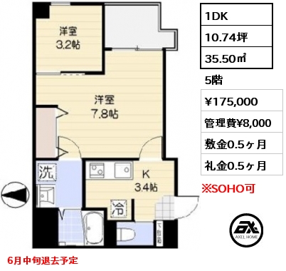間取り4 1DK 35.50㎡ 5階 賃料¥175,000 管理費¥8,000 敷金0.5ヶ月 礼金0.5ヶ月 7月上旬入居予定