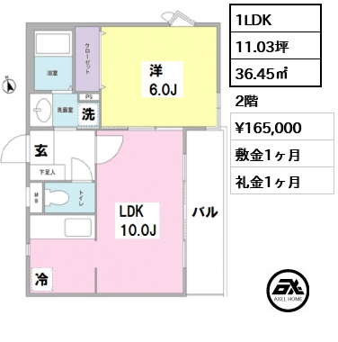 間取り4 1LDK 36.45㎡  賃料¥165,000 敷金1ヶ月 礼金1ヶ月 　　　　　　