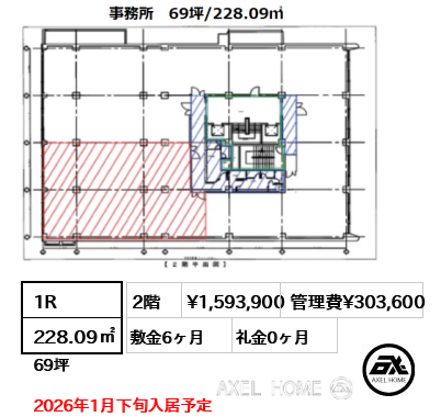 1R 228.09㎡  賃料¥1,593,900 管理費¥303,600 敷金6ヶ月 礼金0ヶ月 2026年1月下旬入居予定