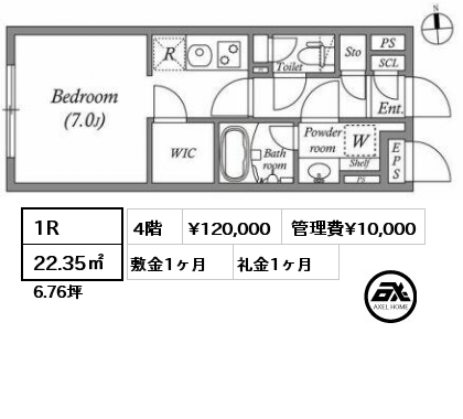 1R 22.35㎡ 4階 賃料¥120,000 管理費¥10,000 敷金1ヶ月 礼金1ヶ月