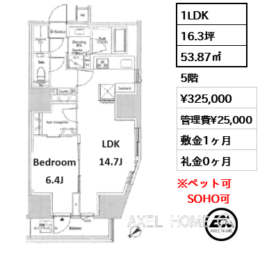 間取り4 1LDK 53.87㎡ 5階 賃料¥293,000 管理費¥25,000 敷金1ヶ月 礼金1ヶ月 7月上旬入居予定