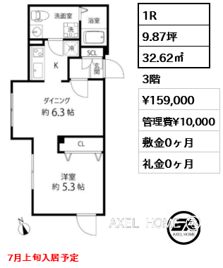 1R 32.62㎡  賃料¥159,000 管理費¥10,000 敷金0ヶ月 礼金0ヶ月 7月上旬入居予定
