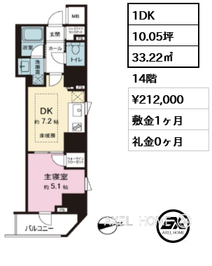 1DK 33.22㎡  賃料¥212,000 敷金1ヶ月 礼金0ヶ月