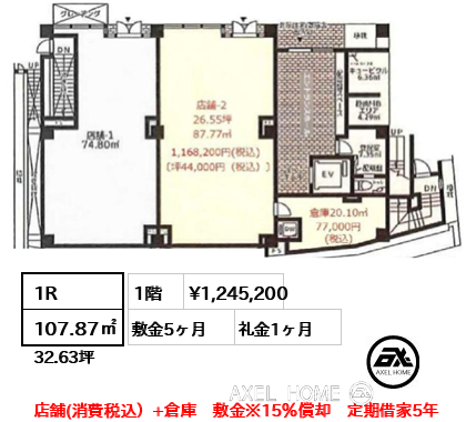 1R 107.87㎡  賃料¥1,245,200 敷金5ヶ月 礼金1ヶ月 店舗(消費税込）+倉庫　敷金※15％償却　定期借家5年