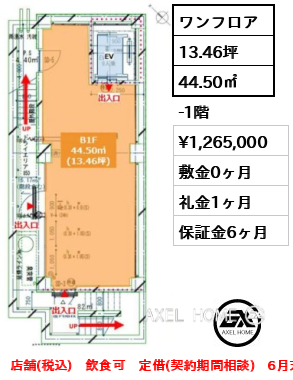 ワンフロア 44.50㎡  賃料¥1,265,000 敷金0ヶ月 礼金1ヶ月 店舗(税込)　飲食可　定借(契約期間相談)　6月末竣工予定