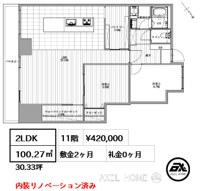 間取り4 2LDK 100.27㎡  賃料¥420,000 敷金2ヶ月 礼金0ヶ月 内装リノベーション済み
