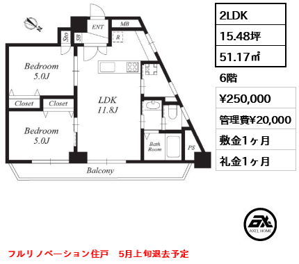 間取り4 2LDK 51.17㎡  賃料¥250,000 管理費¥20,000 敷金1ヶ月 礼金1ヶ月 フルリノベーション住戸　5月上旬退去予定