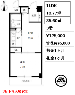 間取り4 1LDK 35.60㎡ 3階 賃料¥125,000 管理費¥5,000 敷金1ヶ月 礼金1ヶ月 ３月下旬入居予定