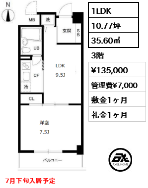 間取り4 1LDK 35.60㎡  賃料¥135,000 管理費¥7,000 敷金1ヶ月 礼金1ヶ月 7月下旬入居予定