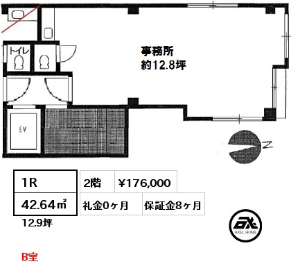 間取り4 1R 42.64㎡ 2階 賃料¥176,000 礼金0ヶ月 B室