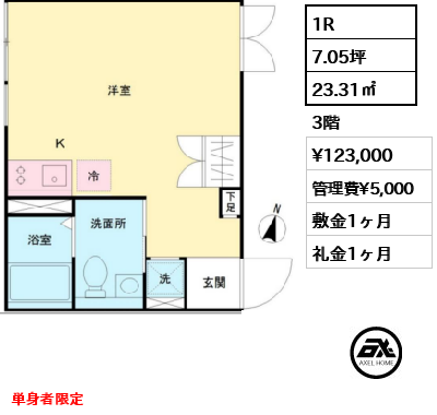 間取り4 1R 23.31㎡  賃料¥123,000 管理費¥5,000 敷金1ヶ月 礼金1ヶ月 単身者限定　