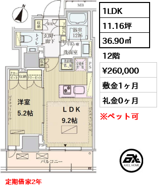 間取り4 1LDK 36.90㎡  賃料¥260,000 敷金1ヶ月 礼金0ヶ月 定期借家2年　　　　　