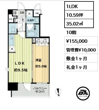 間取り4 1LDK 35.02㎡  賃料¥155,000 管理費¥10,000 敷金1ヶ月 礼金1ヶ月