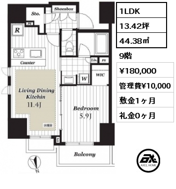 間取り4 1LDK 44.38㎡ 9階 賃料¥180,000 管理費¥10,000 敷金1ヶ月 礼金0ヶ月 　