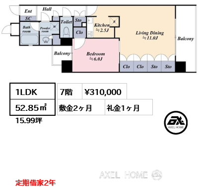 1LDK 52.85㎡  賃料¥310,000 敷金2ヶ月 礼金1ヶ月 定期借家2年