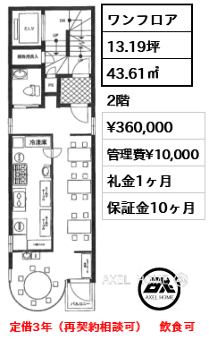 ワンフロア 43.61㎡  賃料¥360,000 管理費¥10,000 礼金1ヶ月 定借3年（再契約相談可）　飲食可