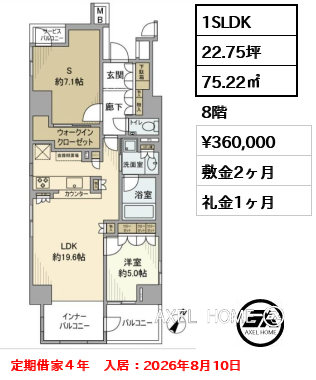 1SLDK 75.22㎡  賃料¥360,000 敷金2ヶ月 礼金1ヶ月 定期借家４年　入居：2026年8月10日