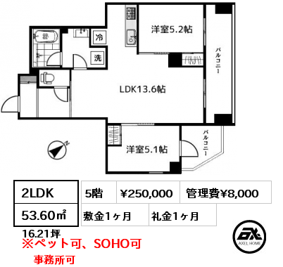 2LDK 53.60㎡ 5階 賃料¥250,000 管理費¥8,000 敷金1ヶ月 礼金1ヶ月 事務所可