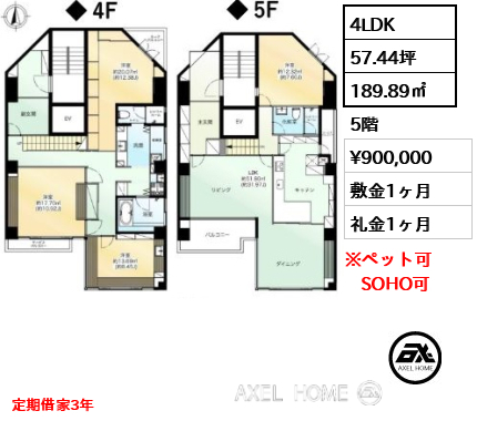 4LDK 189.89㎡  賃料¥900,000 敷金1ヶ月 礼金1ヶ月 定期借家3年
