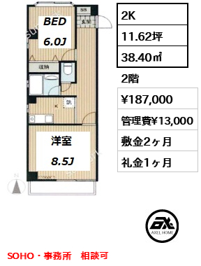 間取り4 2K 38.40㎡  賃料¥187,000 管理費¥13,000 敷金2ヶ月 礼金1ヶ月 SOHO・事務所　相談可