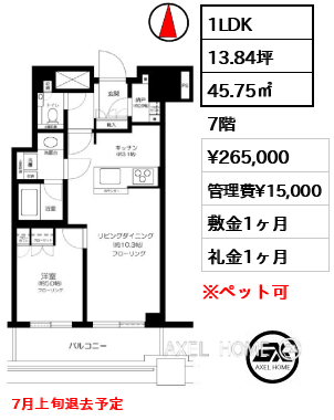 1LDK 45.75㎡  賃料¥265,000 管理費¥15,000 敷金1ヶ月 礼金1ヶ月 7月上旬退去予定