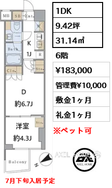 1DK 31.14㎡  賃料¥183,000 管理費¥10,000 敷金1ヶ月 礼金1ヶ月 7月下旬入居予定