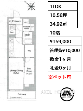 1LDK 34.92㎡  賃料¥159,000 管理費¥10,000 敷金1ヶ月 礼金0ヶ月