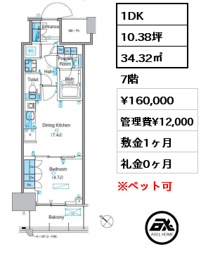 1DK 34.32㎡ 7階 賃料¥160,000 管理費¥12,000 敷金1ヶ月 礼金1ヶ月 10月上旬入居予定