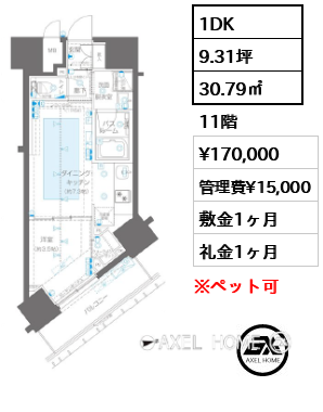 1DK 30.79㎡  賃料¥170,000 管理費¥15,000 敷金1ヶ月 礼金1ヶ月