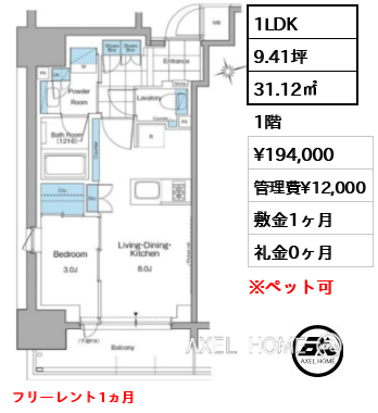1LDK 31.12㎡  賃料¥194,000 管理費¥12,000 敷金1ヶ月 礼金0ヶ月 フリーレント1ヵ月