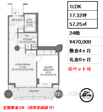 1LDK 57.25㎡  賃料¥470,000 敷金4ヶ月 礼金0ヶ月 定期借家3年（再契約相談可）