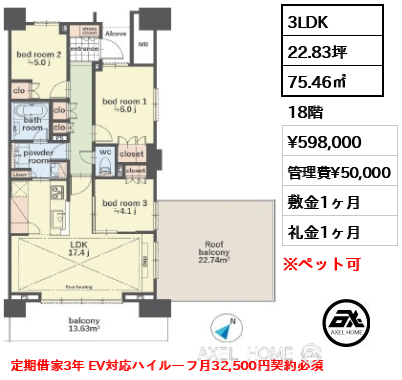 3LDK 75.46㎡  賃料¥598,000 管理費¥50,000 敷金1ヶ月 礼金1ヶ月 定期借家3年 EV対応ハイルーフ月32,500円契約必須