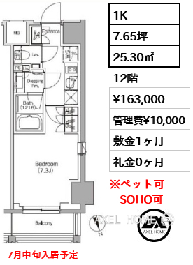 1K 25.30㎡  賃料¥163,000 管理費¥10,000 敷金1ヶ月 礼金0ヶ月 7月中旬入居予定