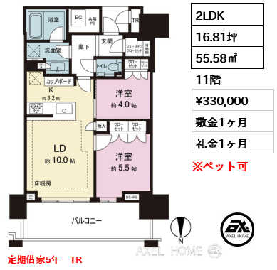 2LDK 55.58㎡  賃料¥330,000 敷金1ヶ月 礼金1ヶ月 定期借家5年　TR