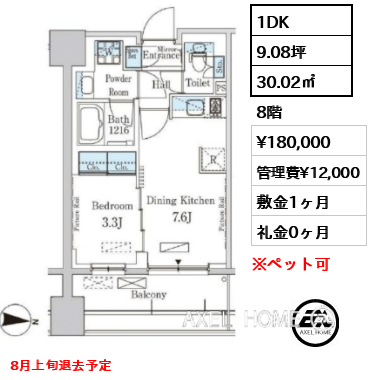 1DK 30.02㎡  賃料¥180,000 管理費¥12,000 敷金1ヶ月 礼金0ヶ月 8月上旬退去予定