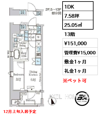 1DK 25.05㎡  賃料¥151,000 管理費¥15,000 敷金1ヶ月 礼金1ヶ月 12月上旬入居予定