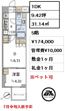 1DK 31.14㎡ 5階 賃料¥174,000 管理費¥10,000 敷金1ヶ月 礼金1ヶ月 7月中旬入居予定