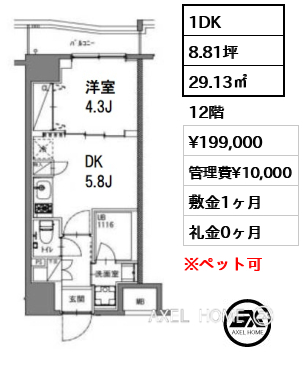 1DK 29.13㎡  賃料¥196,000 管理費¥10,000 敷金1ヶ月 礼金0ヶ月 10月下旬退去予定