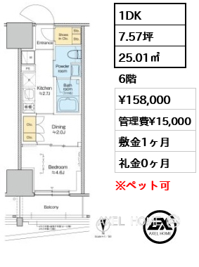 1DK 25.01㎡  賃料¥158,000 管理費¥15,000 敷金1ヶ月 礼金0ヶ月