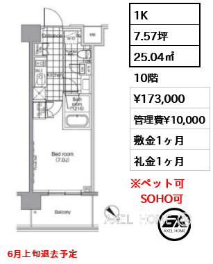 1K 25.04㎡  賃料¥173,000 管理費¥10,000 敷金1ヶ月 礼金1ヶ月 6月上旬退去予定　　