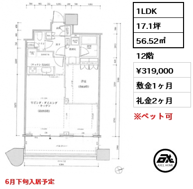 1LDK 56.52㎡ 12階 賃料¥319,000 敷金1ヶ月 礼金2ヶ月 6月下旬入居予定