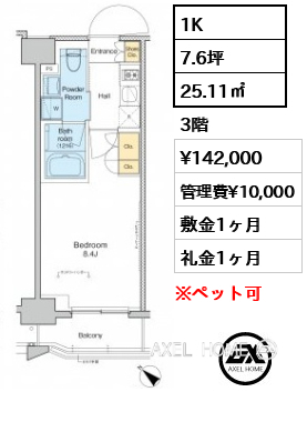 1K 25.11㎡  賃料¥142,000 管理費¥10,000 敷金1ヶ月 礼金1ヶ月