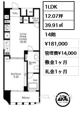 1LDK 39.91㎡  賃料¥181,000 管理費¥14,000 敷金1ヶ月 礼金1ヶ月