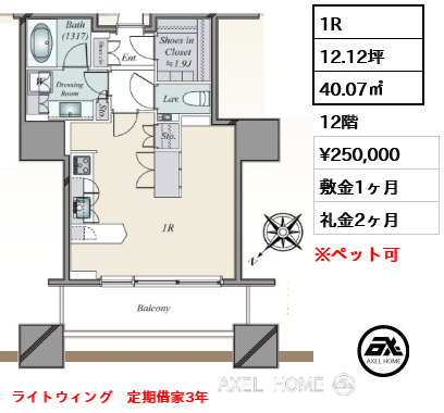 1R 40.07㎡  賃料¥250,000 敷金1ヶ月 礼金2ヶ月 ライトウィング　定期借家3年