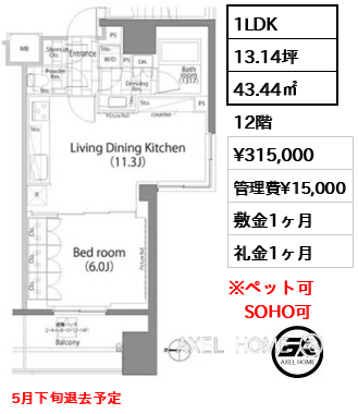1LDK 43.44㎡  賃料¥315,000 管理費¥15,000 敷金1ヶ月 礼金1ヶ月 5月下旬退去予定
