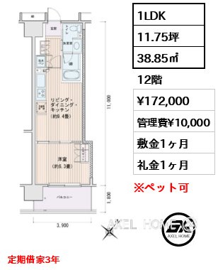 1LDK 38.85㎡  賃料¥172,000 管理費¥10,000 敷金1ヶ月 礼金1ヶ月 定期借家3年